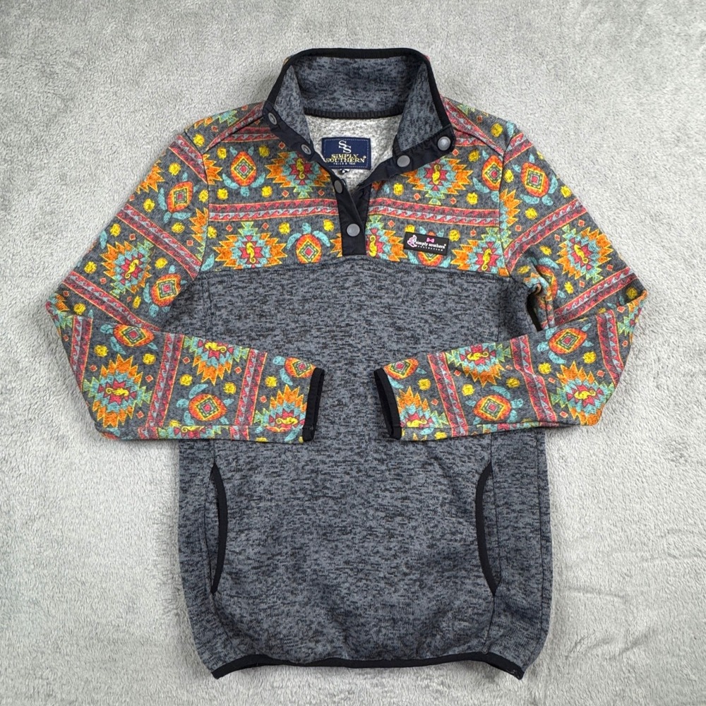 Simply Southern‎ Womens Small Gray Aztec Sea Turtle Quarter Snap Pullover